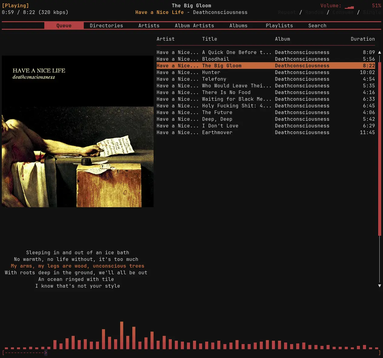 My rmpc client with Ashen theme, synchronized lyrics (left), sixel album cover, and cava visualization (bottom).